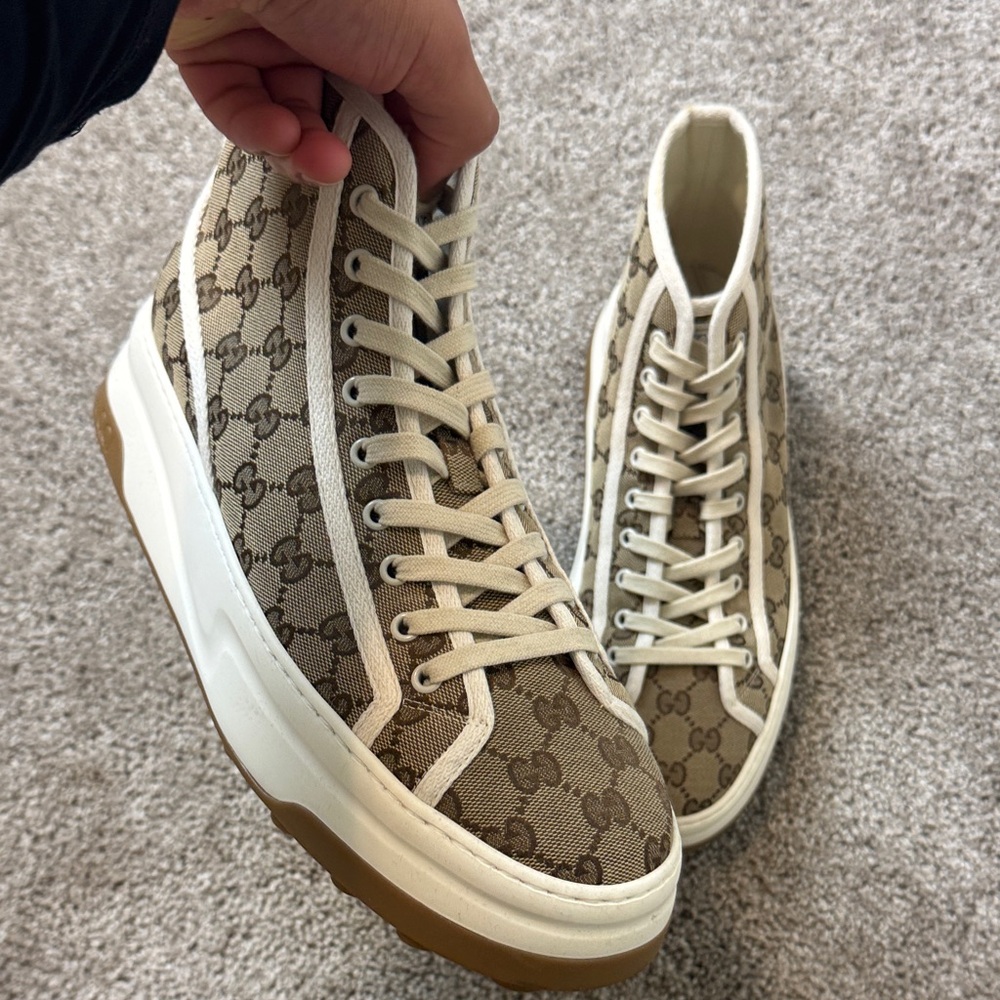 Gucci Mens Brown Monogram High-Top Sneakers